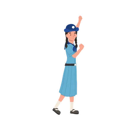 Young Thai Girl Scout in Uniform Raises Hand with Joy, Empowerment, Let's Go with Confidence  Illustration