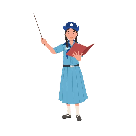 Young Thai Girl Scout Teaching with Pointing Stick  Illustration