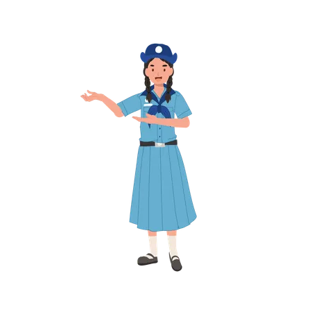Young thai girl scout uniform giving advice presenting gesture  Illustration