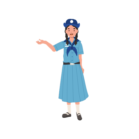 Young thai girl scout uniform giving advice presenting gesture  Illustration