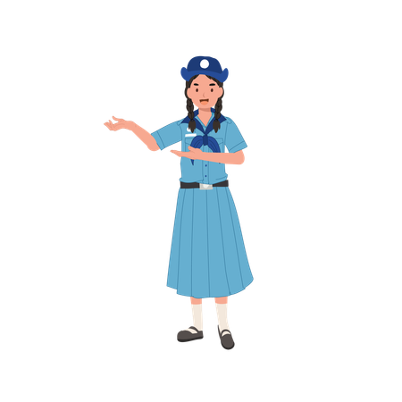 Young thai girl scout uniform giving advice presenting gesture  Illustration