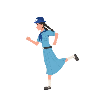 Young Thai Girl Scout Uniform Running Action Joyful Outdoor Activity Illustration