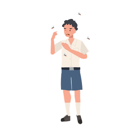 Young Thai Student boy in Uniform is in Outdoors and Surrounded by Mosquitoes Preventing Zika Virus Spread  Illustration