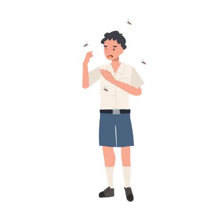 Young Thai Student Boy In Uniform Is In Outdoors And Surrounded By Mosquitoes Preventing Zika Virus Spread Concept Dengue Fever Illustration
