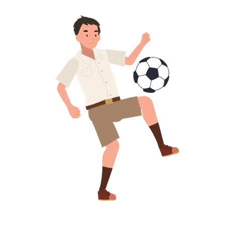 Young Thai Student Boy Kicking Ball After Classes Young Thai Student Boy Playing Football After School Illustration