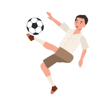 Young Thai Student Boy Kicking Ball After Classes Young Thai Student Boy Playing Football After School Illustration