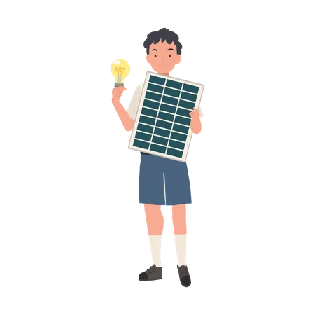 Young Thai Student Boy With Solar Cell Panel And Light Bulb To Show Clean Energy Flat Vector Cartoon Illustration Illustration