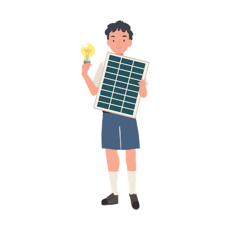 Young Thai student Boy with solar cell panel and light bulb to show clean energy  Illustration