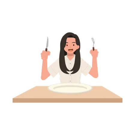Young Thai Student Dining with Cutlery on Campus  イラスト