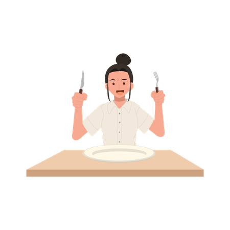 Young Thai Student Dining with Cutlery on Campus  일러스트레이션
