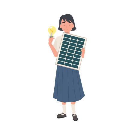 Young Thai student Girl with solar cell panel and light bulb to show clean energy  Illustration