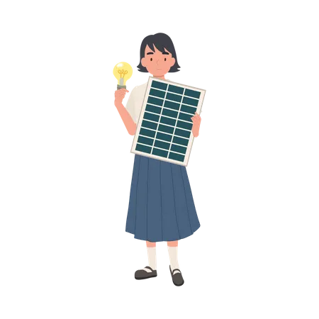 Young Thai student Girl with solar cell panel and light bulb to show clean energy  Illustration