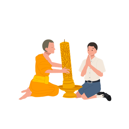 Young Thai student offers candle to a monk during Khao Phansa at temple  Illustration