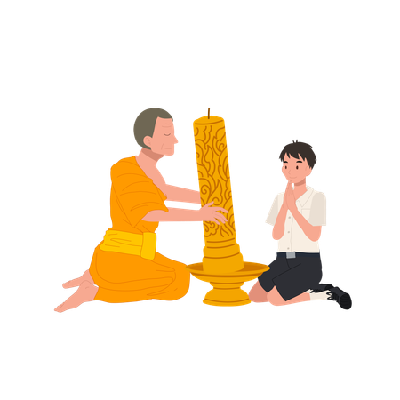Young Thai student offers candle to a monk during Khao Phansa at temple  Illustration