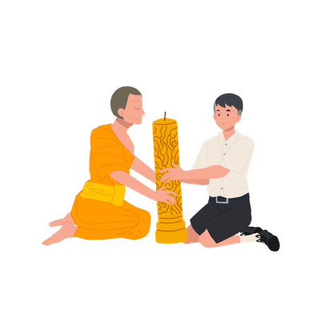 Young Thai student offers candle to monk during Khao Phansa at temple  Illustration