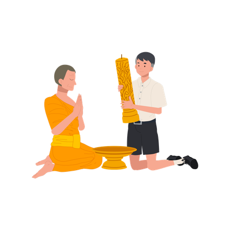 Young Thai student offers candle to monk during Khao Phansa at temple  Illustration