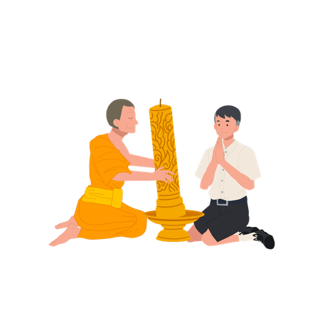Young Thai student offers candle to monk during Khao Phansa at temple  Illustration