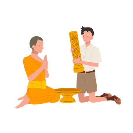 Young Thai student offers candle to monk during Khao Phansa at temple  Illustration