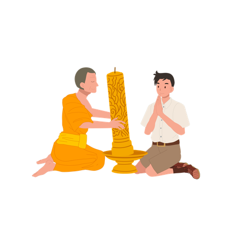 Young Thai student offers candle to monk during Khao Phansa at temple  Illustration