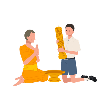 Young Thai student offers candle to monk during Khao Phansa at temple  Illustration