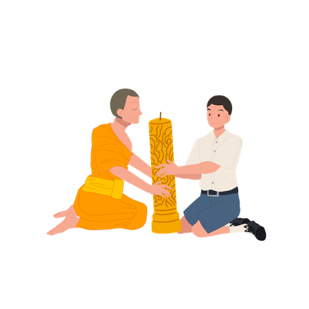 Young Thai student offers candle to monk during Khao Phansa at temple  Illustration