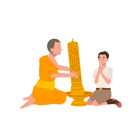 Young Thai student offers candle to monk during Khao Phansa at temple  Illustration