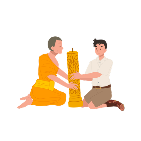 Young Thai student offers candle to monk during Khao Phansa at temple  Illustration