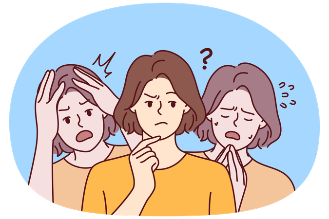 Young thoughtful woman near girls experiencing shock after psychological upheavals  Illustration