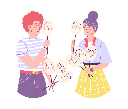 Young tired couple holding different masks fake emotions and fake role behavior  Illustration
