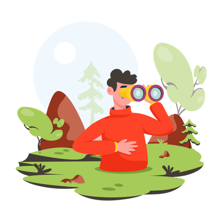 Young tourist looking forest in binoculars  Illustration