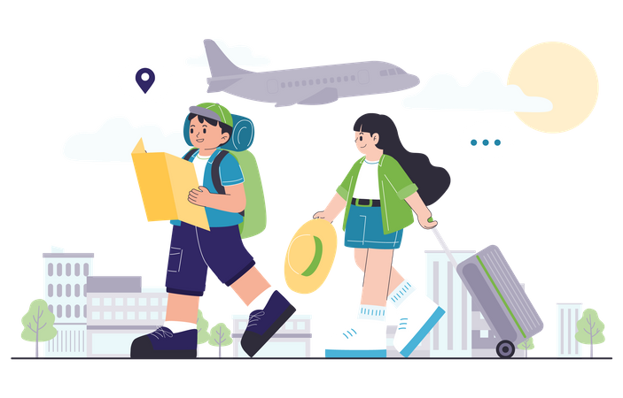 Young traveler couple looking map Illustration