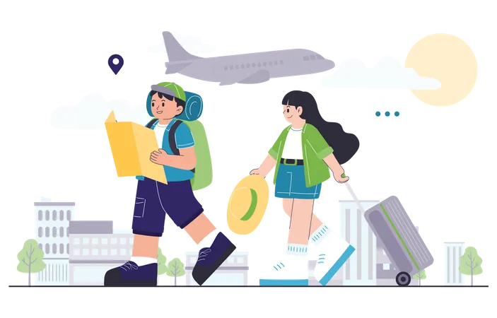 Young traveler couple looking map Illustration