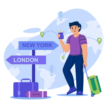 Travel Vacation Concept Man With Tickets Went On Trip Standing Near Pointer International Flights World Tourism Template Of People Scenes Vector Illustration With Characters In Flat Design Illustration