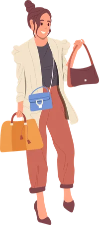 Young Trendy Fashion Woman Character Choosing New Handcraft Bag Garment Item Standing Isolated On White Background Retail Market Store Assortment With Handmade Handbag For Female Vector Illustration Illustration