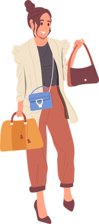 Young trendy fashion woman choosing new handcraft bag  Illustration