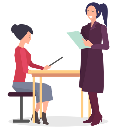 Young two ladies discuss about project plan  イラスト