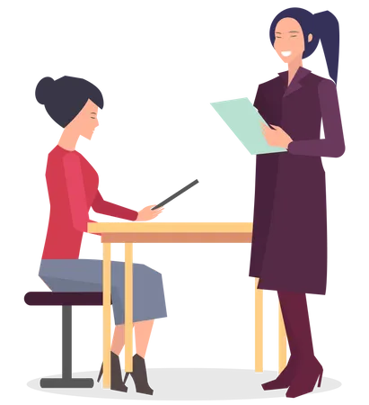 Young two ladies discuss about project plan  イラスト