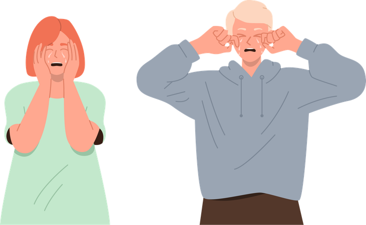Young upset man and woman crying and sobbing wiping tears  Illustration