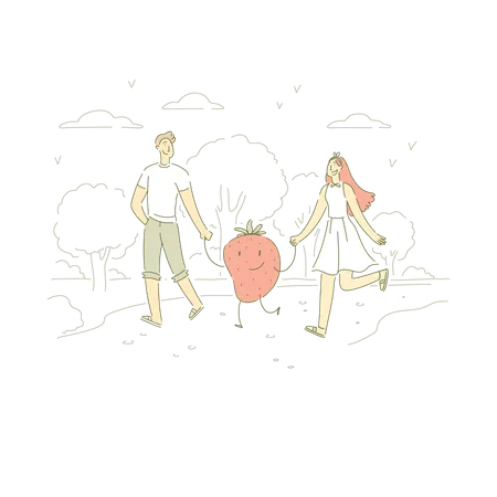 Young Vegan Couple Husband And Wife On Outdoor Stroll With Cute Strawberry Surreal Vegetarian Lifestyle Banner Organic Nutrition Vitamin Diet Concept Cartoon Sketch Flat Vector Illustration Illustration