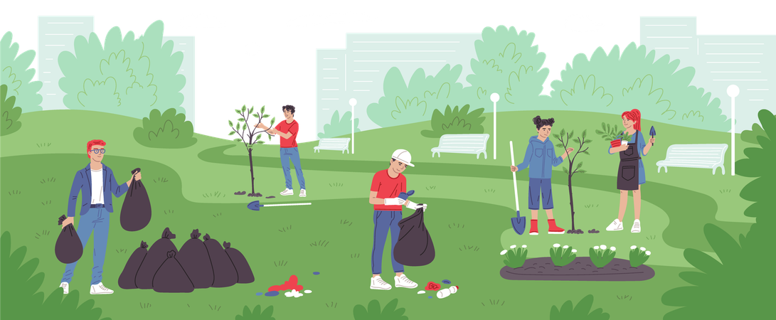 Young volunteers plant trees in city park collecting garbage into trash bag,  Illustration