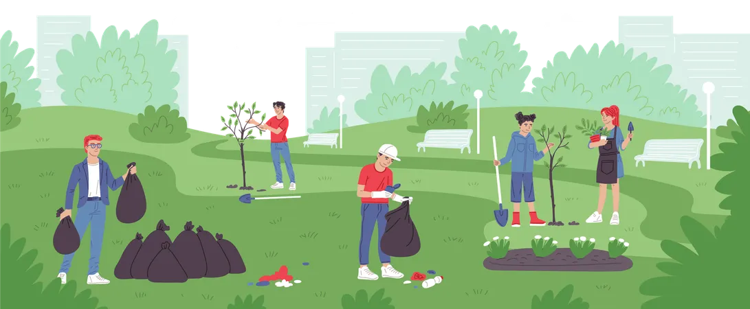 Young volunteers plant trees in city park collecting garbage into trash bag,  Illustration