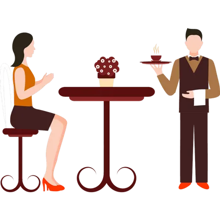 Young waiter serving coffee to girl  Illustration