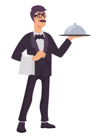 Set Of Young Waiter Serving Clients Carrying Tray With Order And Object Element In Cartoon Character Vector Illustration Illustration