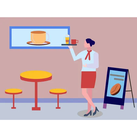 Young waitress is holding tray of coffee  Illustration