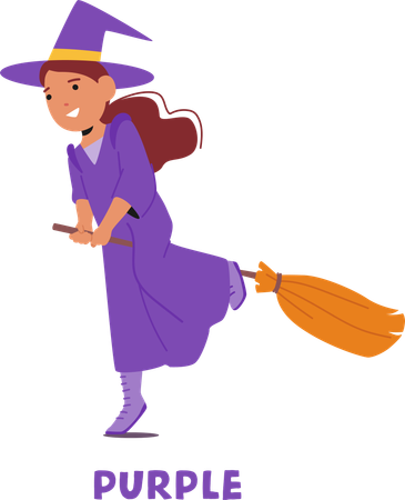 Young  Witch Dressed In Purple Riding  Broomstick  Illustration