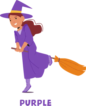 Young  Witch Dressed In Purple Riding  Broomstick  Illustration