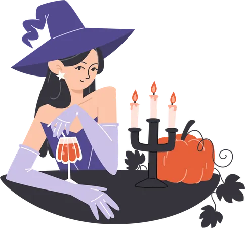 Young witch in hat drinking alcoholic cocktail by candlelight  일러스트레이션