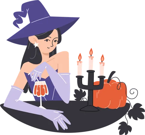 Young witch in hat drinking alcoholic cocktail by candlelight  Illustration