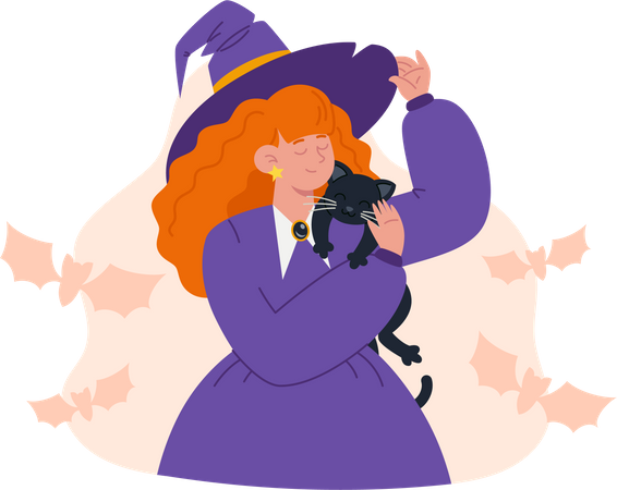 Young witch in purple dress with red hair hugs  black cat  イラスト