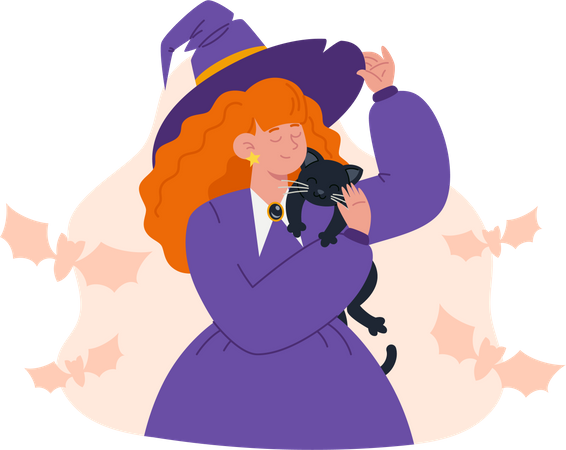 Young witch in purple dress with red hair hugs  black cat  Illustration